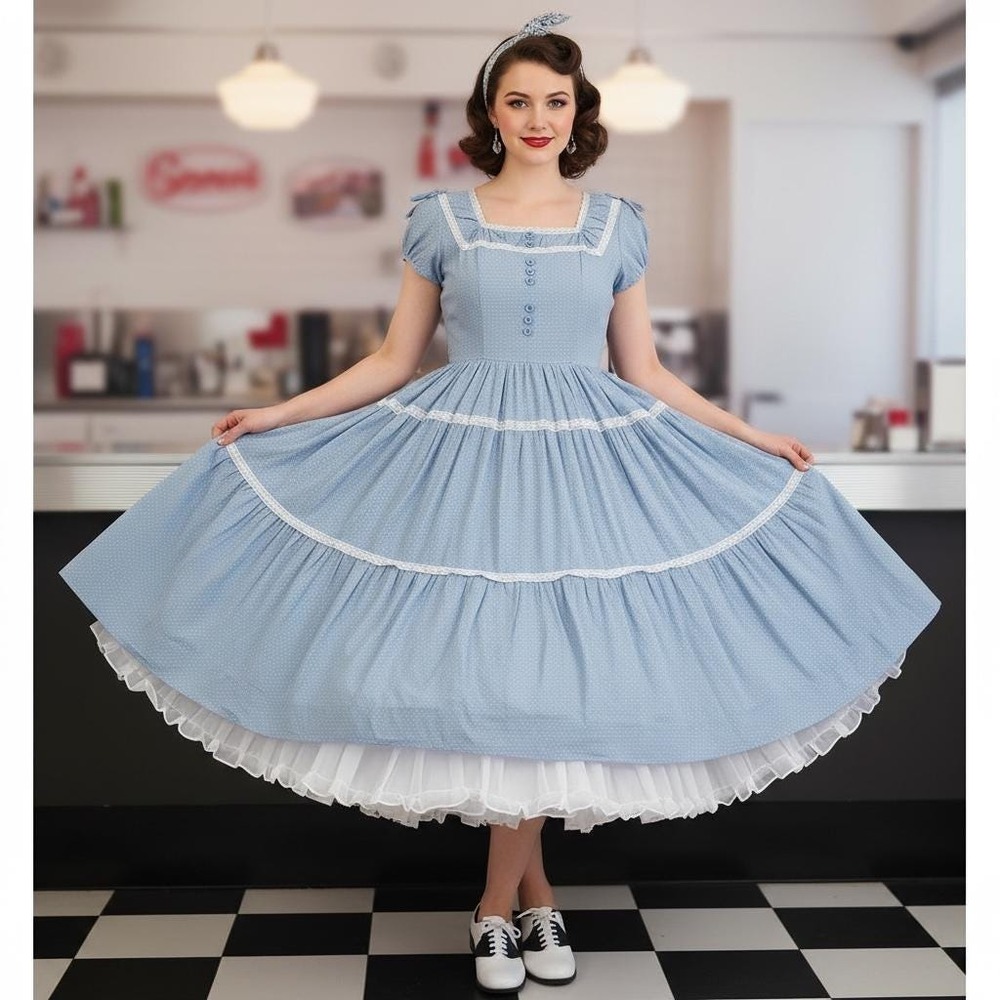 1950s Baby Blue Swiss dot Cotton Summer Dress‎ Rockabilly (Size S)